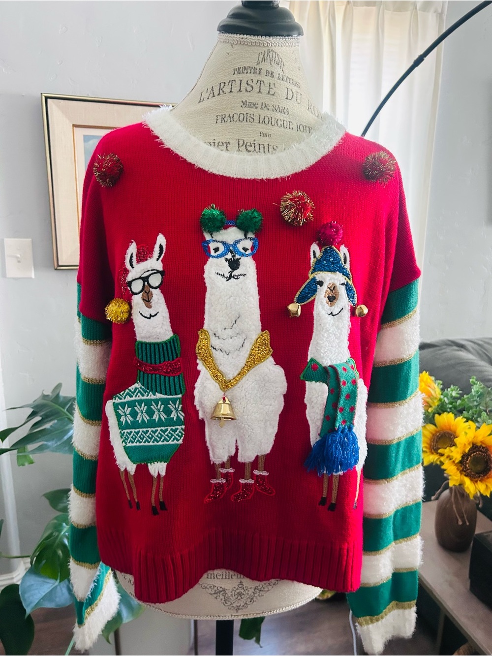 Festive Red Llama Novelty Sweater with Green Striped Sleeves
